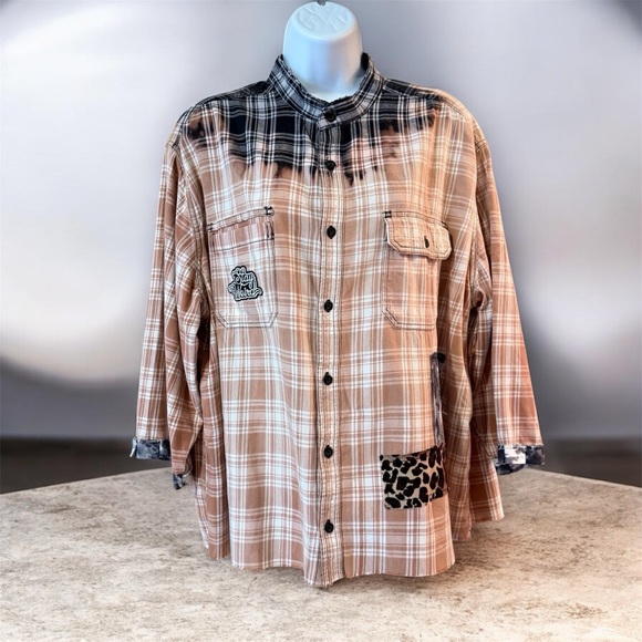 Upcycled Flannel Shirt with patches, ruffle cuffs, size extra large - Picture 2 of 12